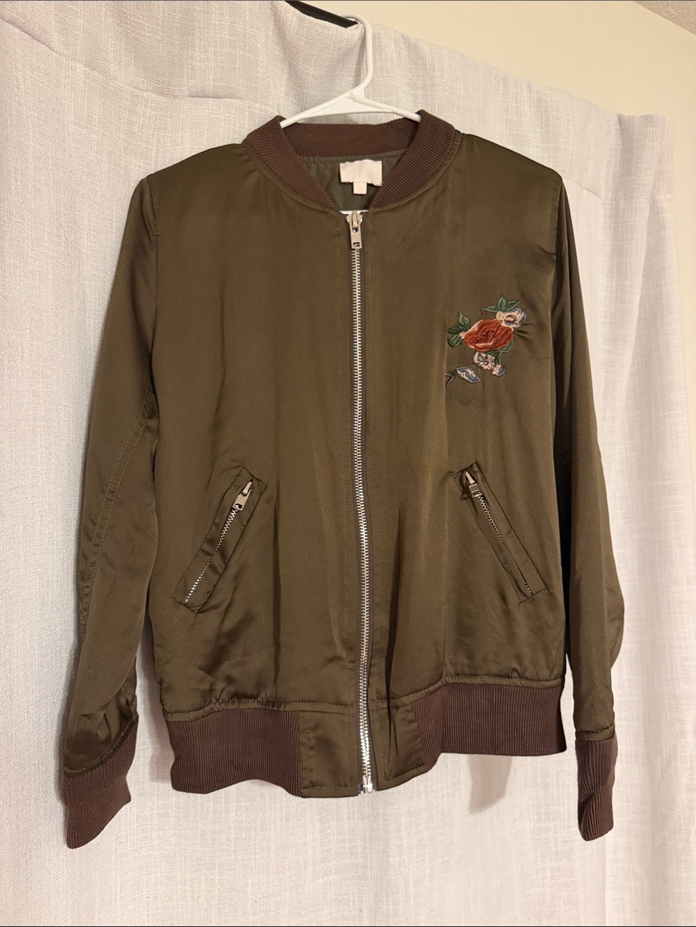 Karlie Olive Green Bomber Jacket with Rose Embroidery